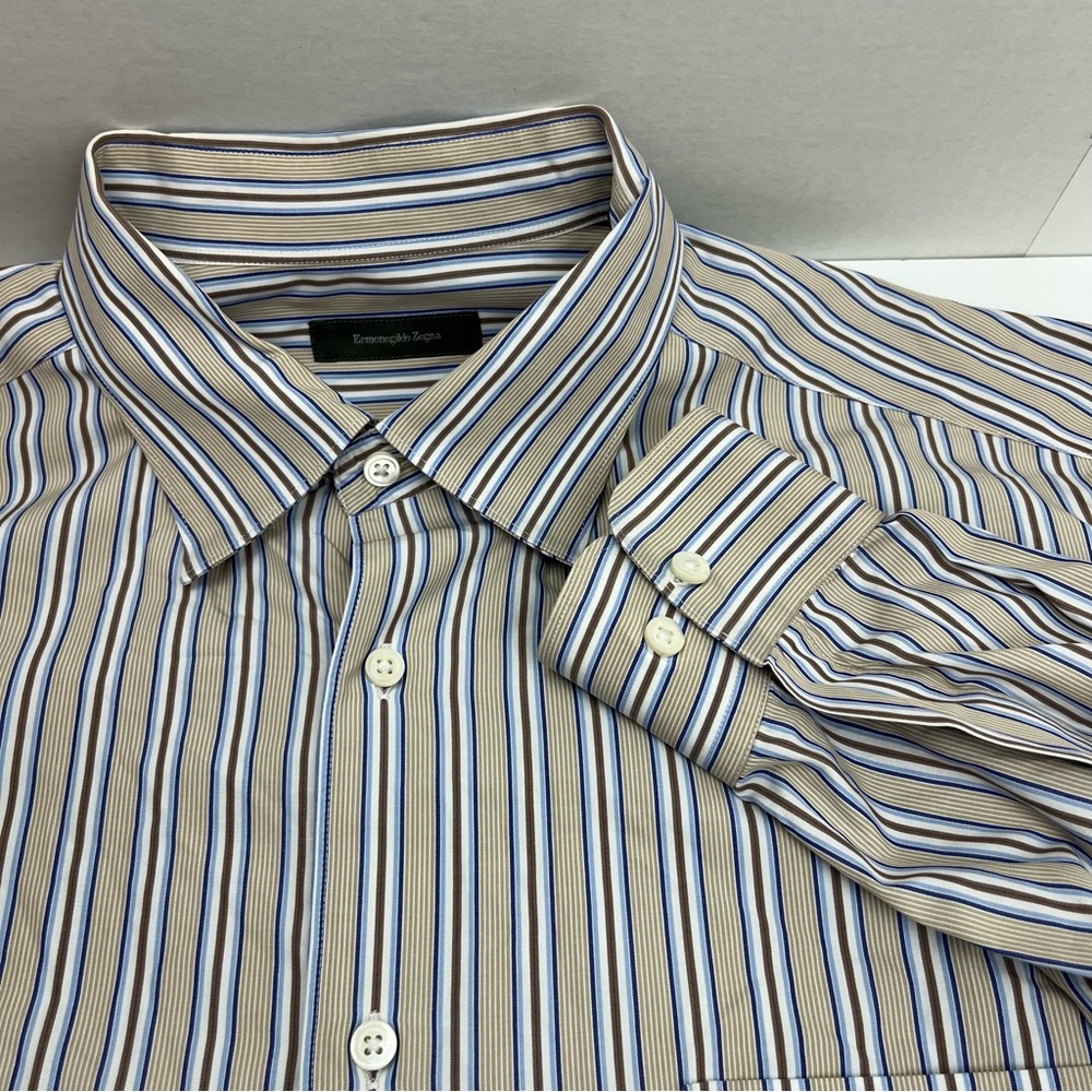 Ermenegildo Zegna Mens Striped Button-Down Shirt Size XLT Tan Blue White *FLAWED